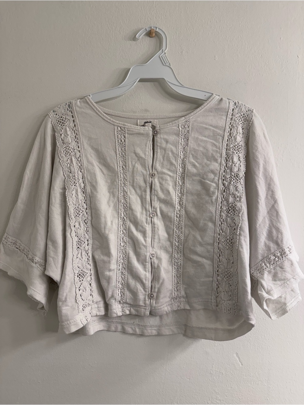 aerie Cream Button-Front Lace-Trim Blouse